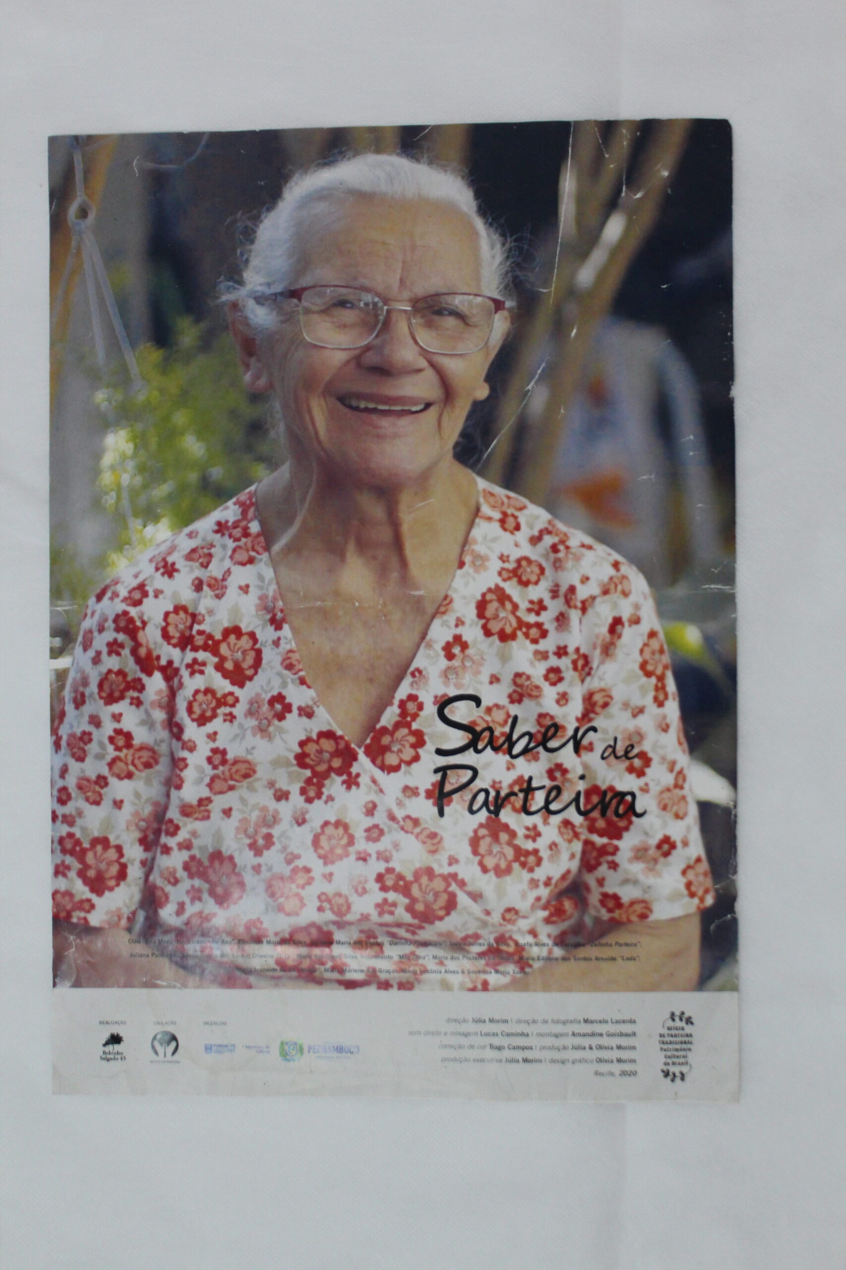 Cartaz da Série Saber de Parteira, em formato retangular vertical com a fotografia de Dona Zefinha ocupando quase toda a dimensão do cartaz.
Dona Zefinha é uma mulher  idosa de pele clara, voltada para frente e vista do busto para cima, numa área externa, com plantas, troncos e objetos desfocados ao fundo.
Ela esboça um sorriso aberto, tem rugas acentuadas no rosto. Os cabelos são brancos, finos, penteados e presos para trás. Os olhos são pequenos, parcialmente cobertos pelas pálpebras. O nariz é de base larga. Usa óculos de armação fina com a parte superior que sustenta a lente marrom, roupa clara com estampa floral em tons de vermelho e laranja, de gola em V e manga curta.
Na altura do busto dela, à direita, em letras estilizadas cursivas: “Saber de Parteira”.
Logo abaixo, na margem inferior, uma faixa branca com alguns logos que aparecem borradas.
